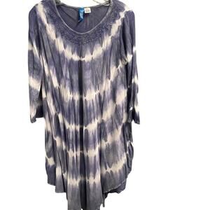 Island Beach L XL Blue Tie Dye Embroidered Loose Dress Beachy Vacation Resort